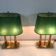 Pair of Two-Light Table Lamps in Brass with Green Shades. Work F