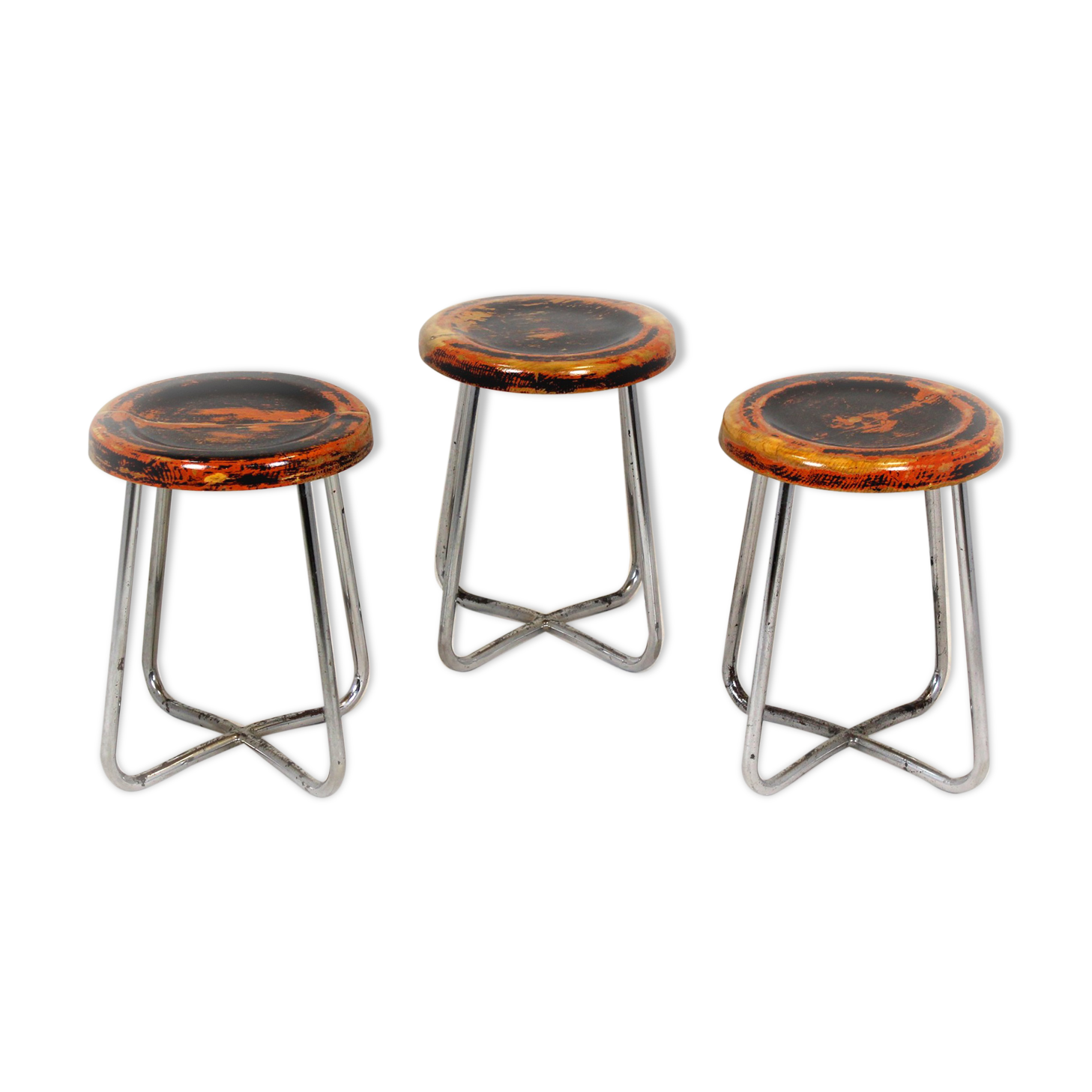 Ensemble de 3 tabourets en acier tubulaire chromé Bauhaus par Robert Slezak, années 1930