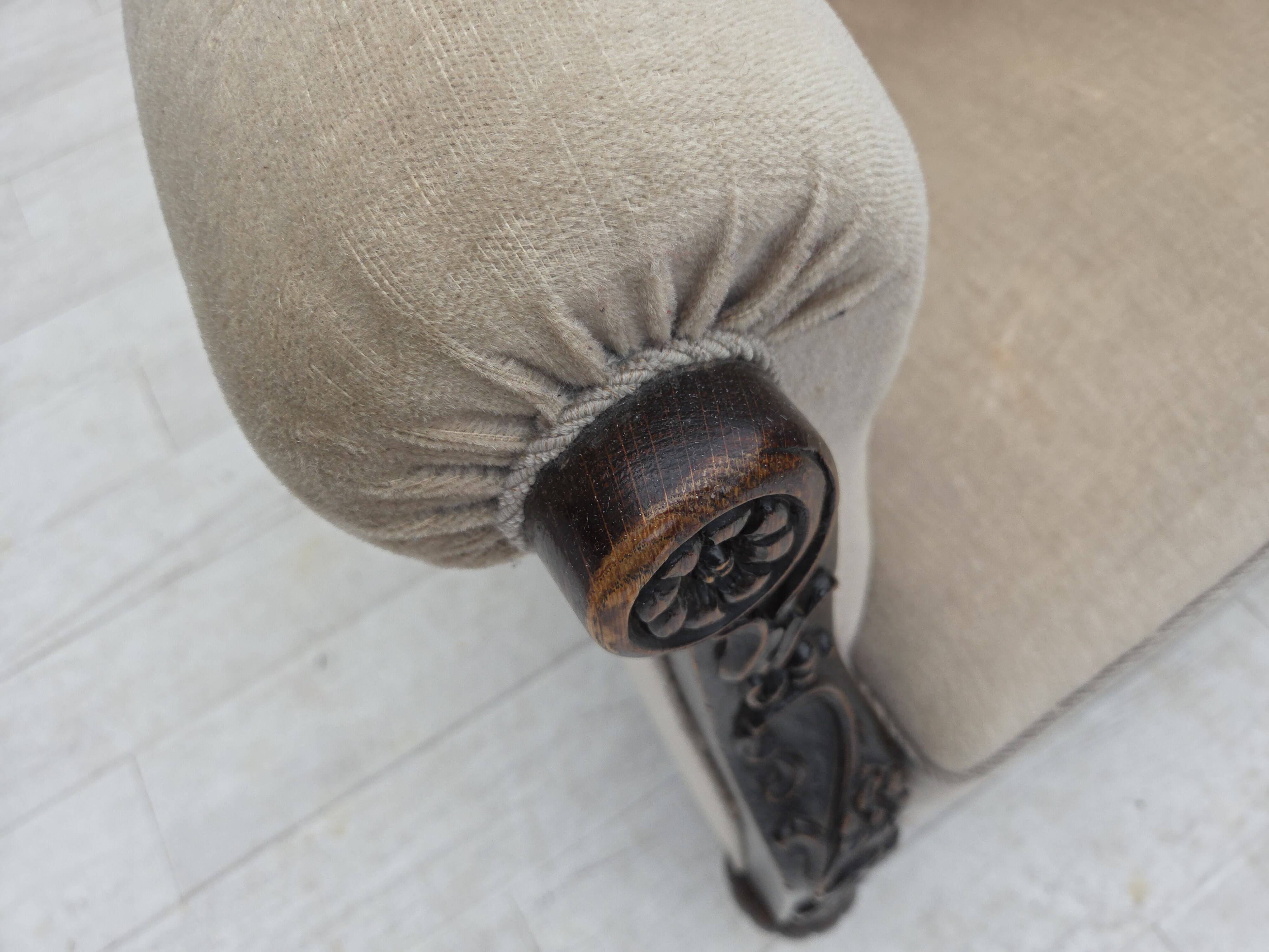 1960s, Danish wingback armchair, furniture velour, carved oak wood.