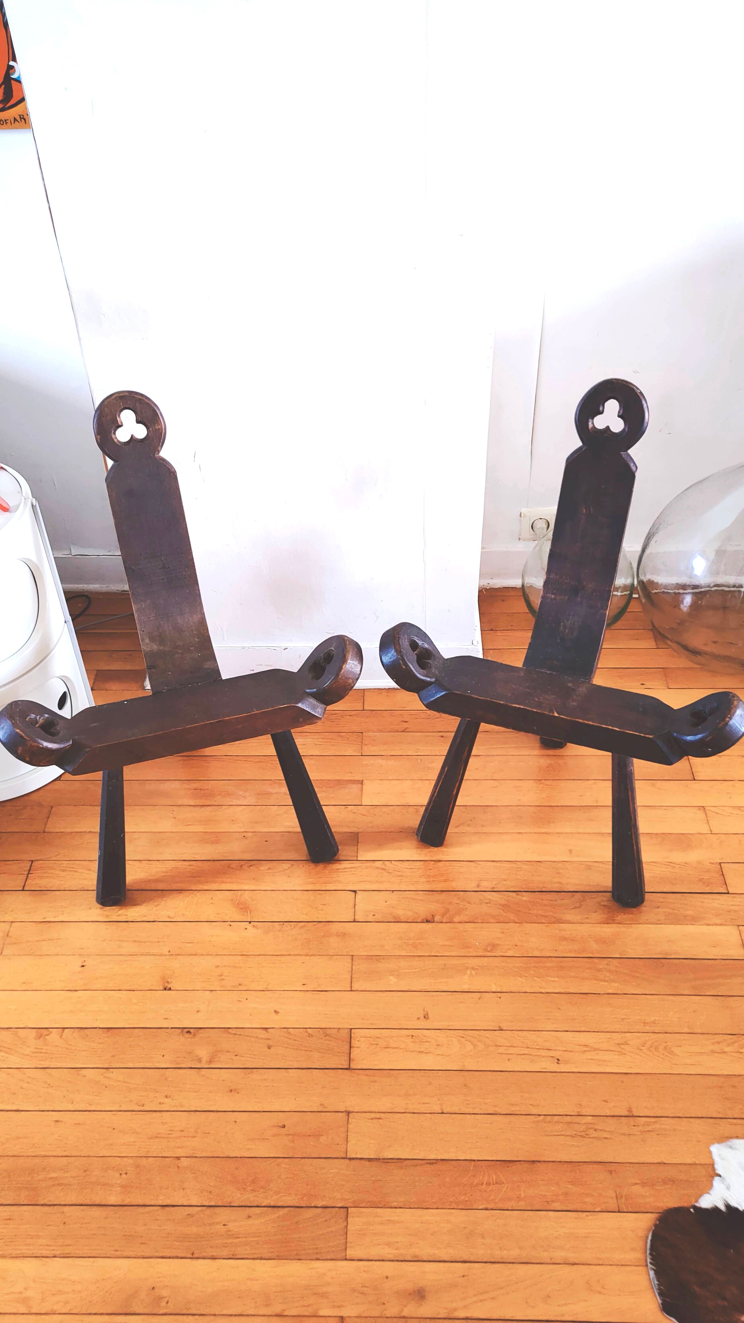 Pair of brutalist chairs tripod feet