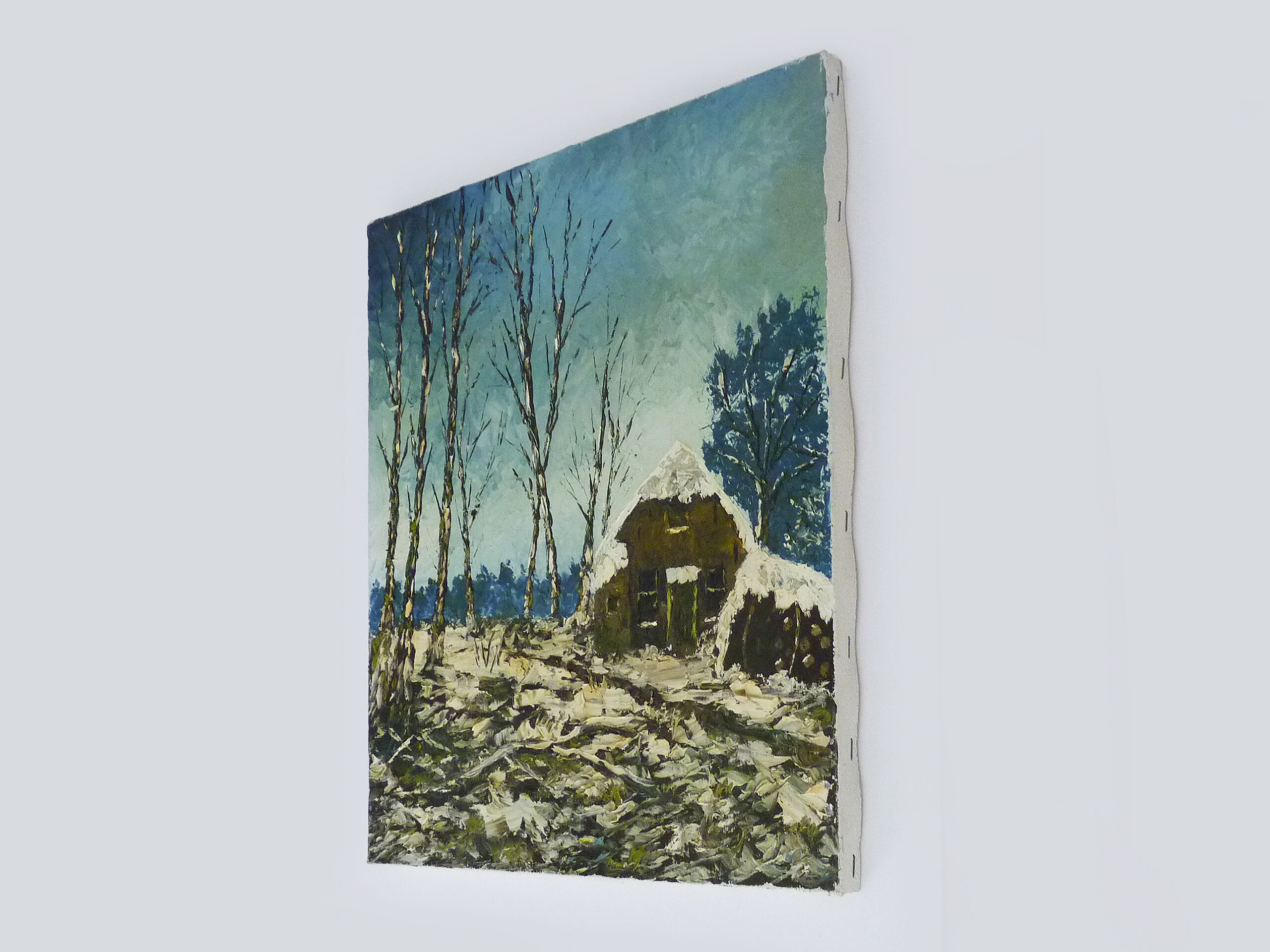 Oil on canvas village by Jan Van Dooren, winter landscape. Signed. 70s