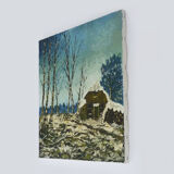 Oil on canvas village by Jan Van Dooren, winter landscape. Signed. 70s
