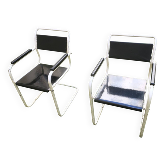 Pair of mid century iron and wood painted garden chairs