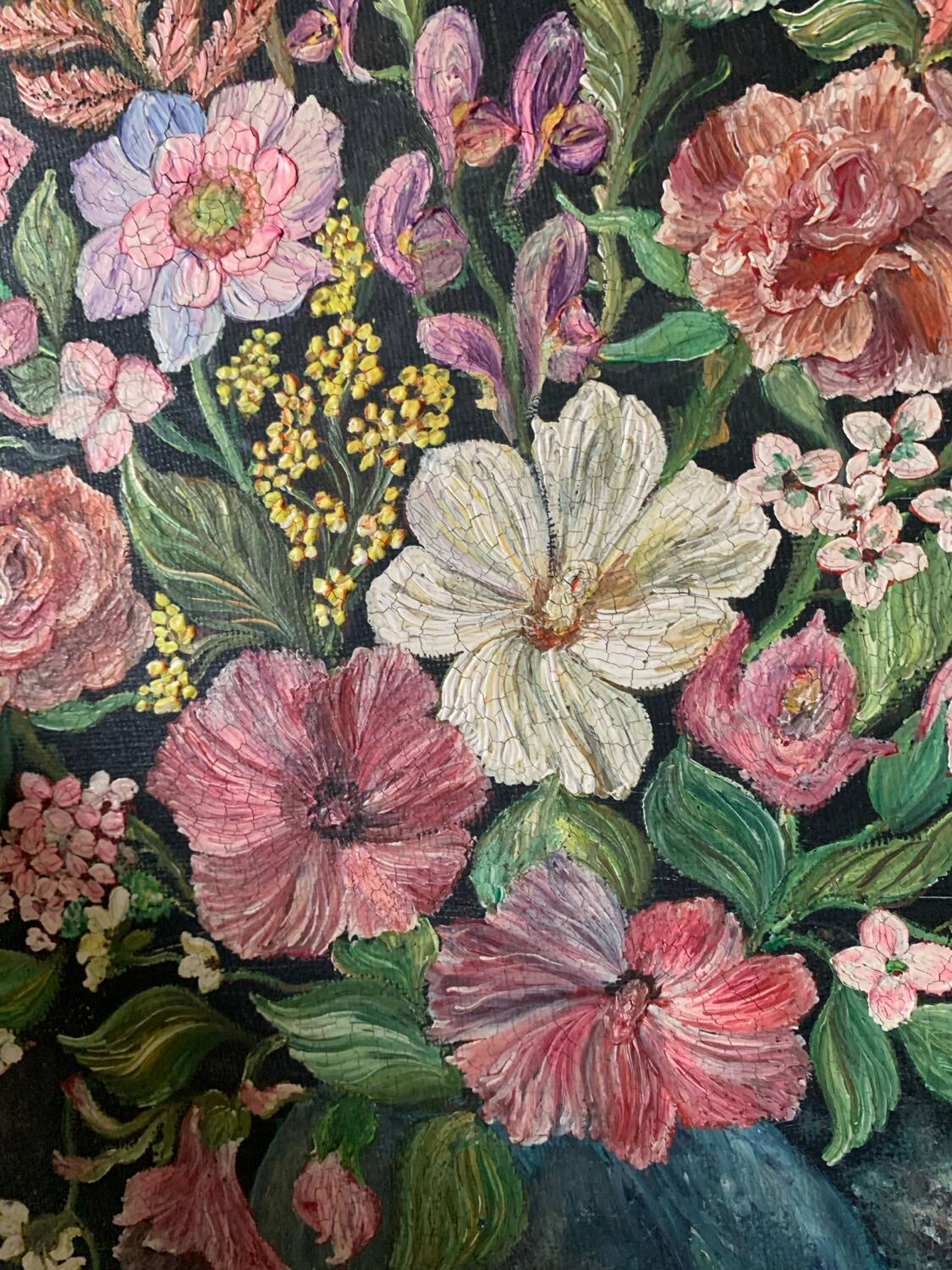 Oil on canvas bouquet of pink flowers