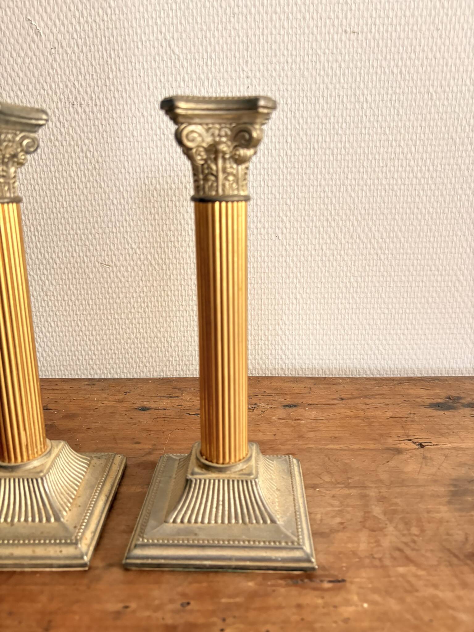 Pair of Silver Metal Candle Holders Neo-Classical Fluted Corinthian Column