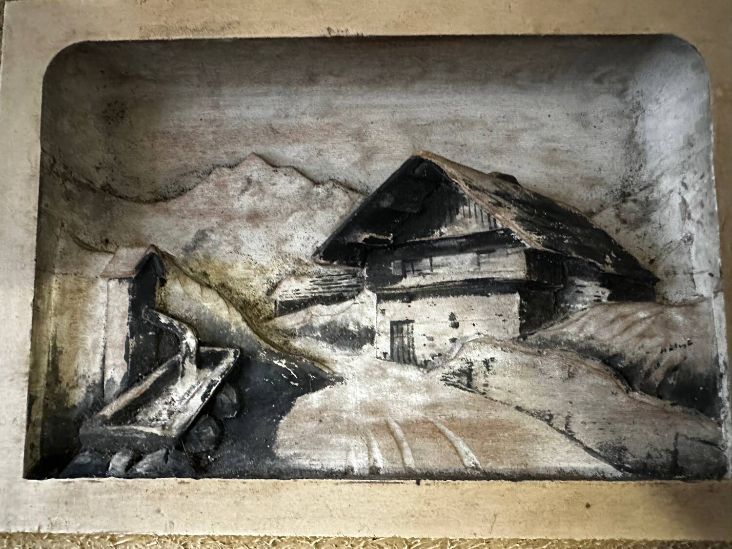 Carved and painted alpine tableau