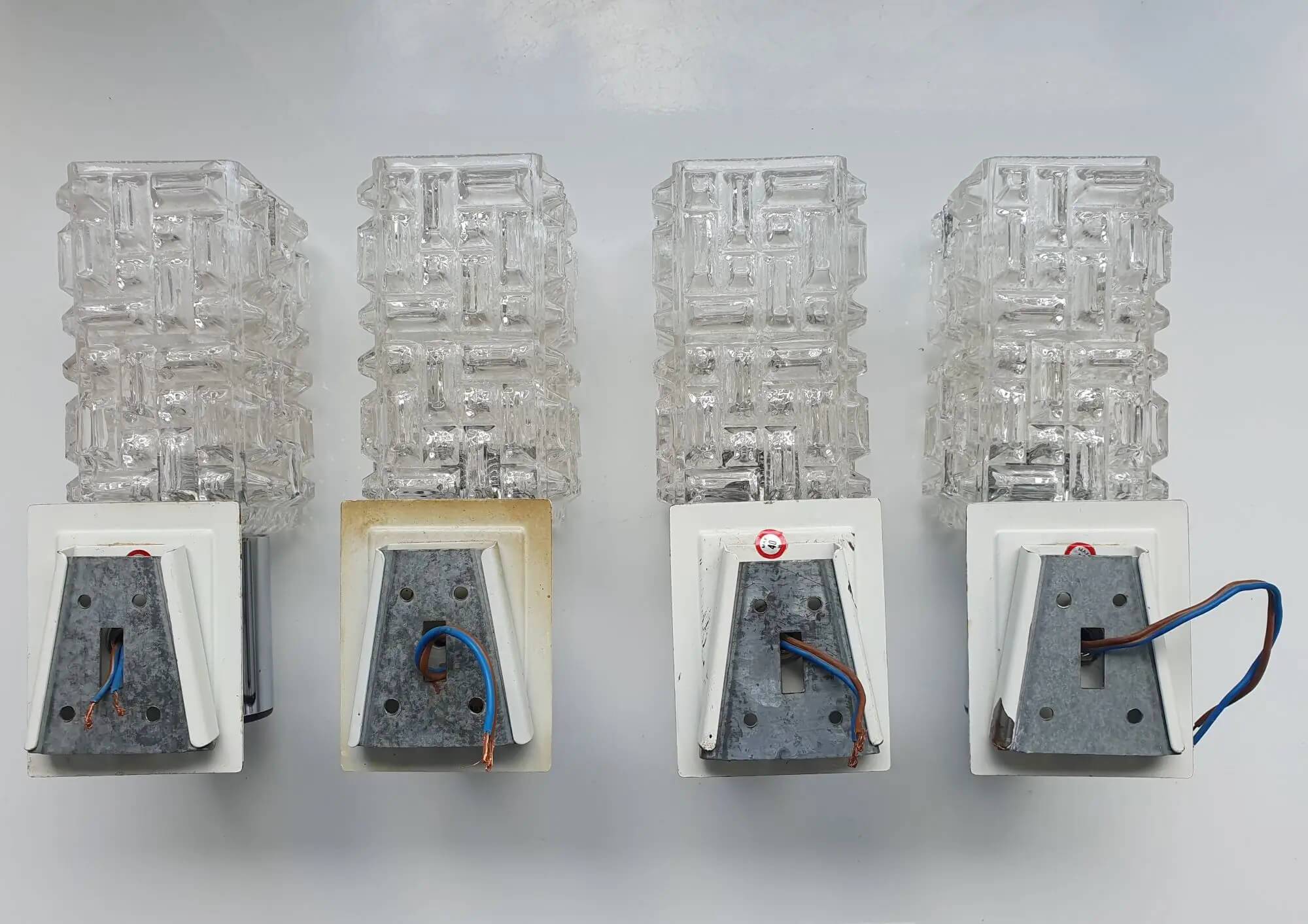Four vintage chrome wall lights with square globes, Italian Targetti, 1970s