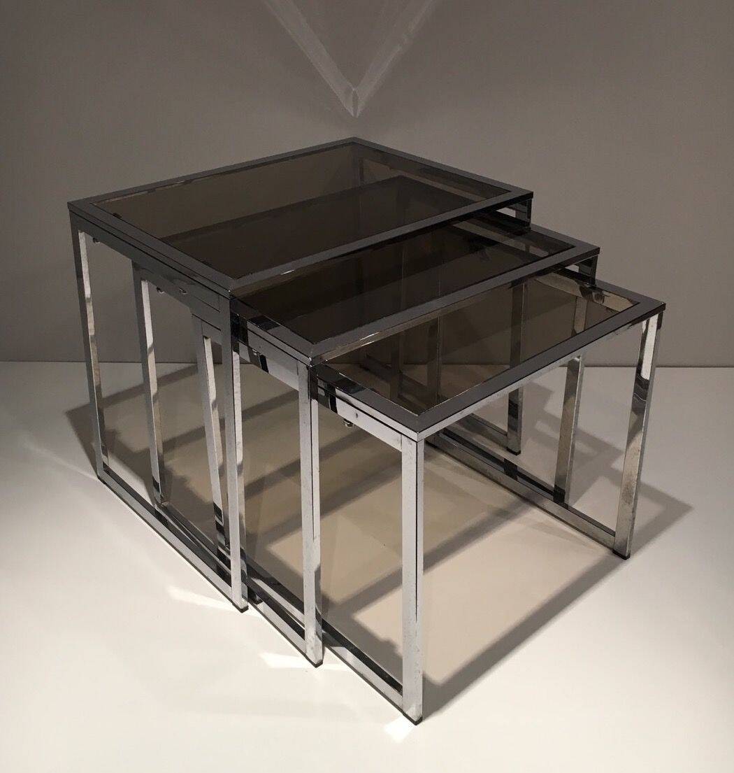 Set of 3 chrome nesting tables. Around 1970.