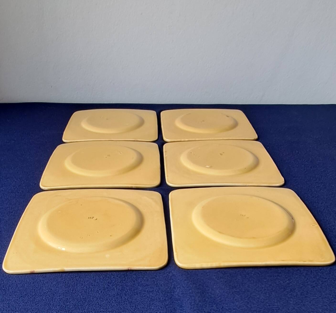 6 square dessert plates, ironstone. 1940s-50s.