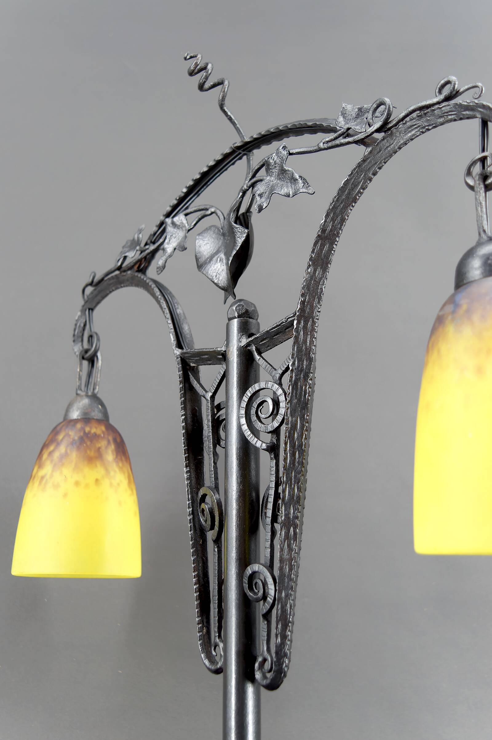 Important Double-Headed Lamp, Wrought Iron by Schneider, France, c. 1920