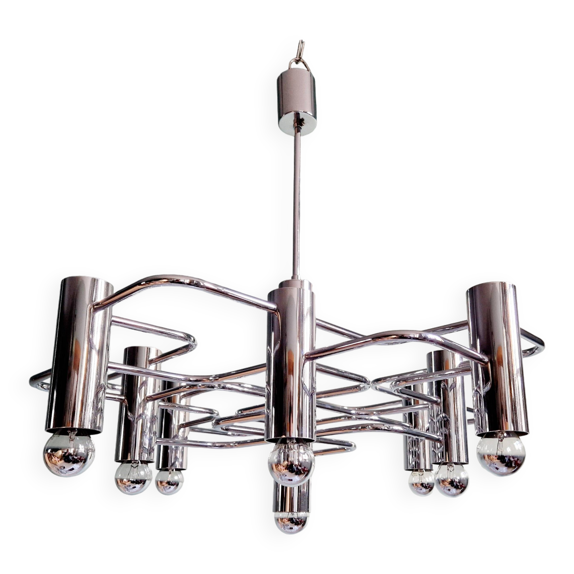 Chromed metal chandelier, design Gaetano Sciolari, 70s