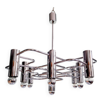 Chromed metal chandelier, design Gaetano Sciolari, 70s