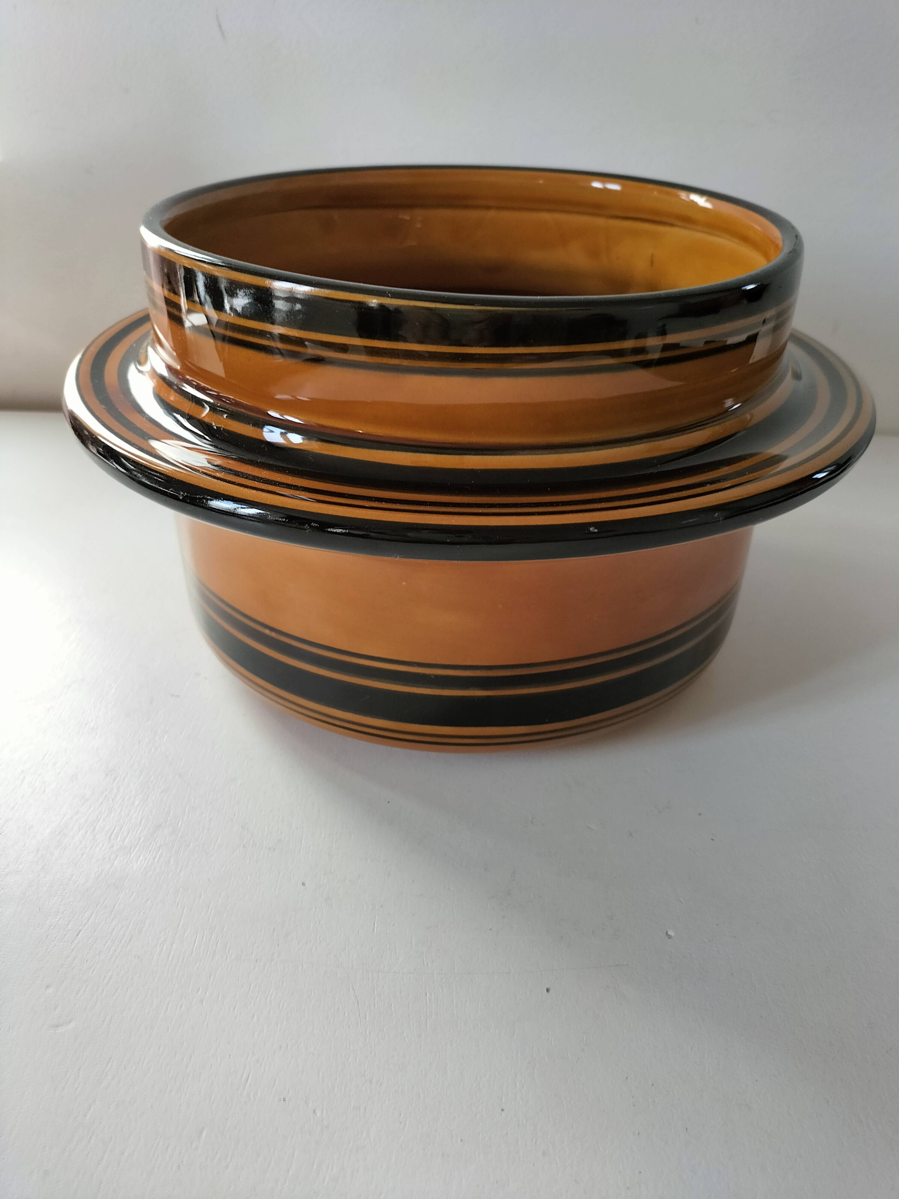 Vintage Luwasa cache-pot in brown caramel and black, ceramic, 1975