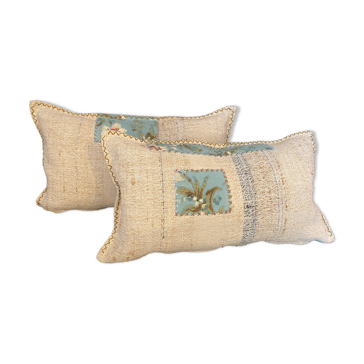 Pair of kilim-style antique canvas cushions woven, patched and hand-embroidered, and vintage fabric