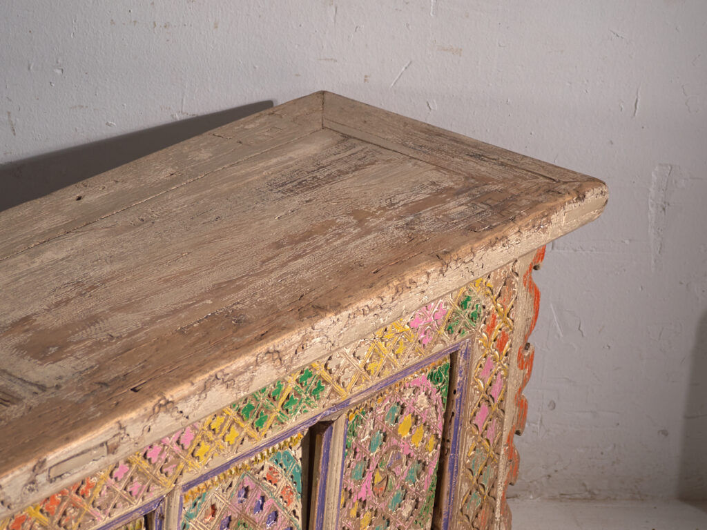 Antique polychrome carved low cabinet in pine – Xinjiang, circa 1900