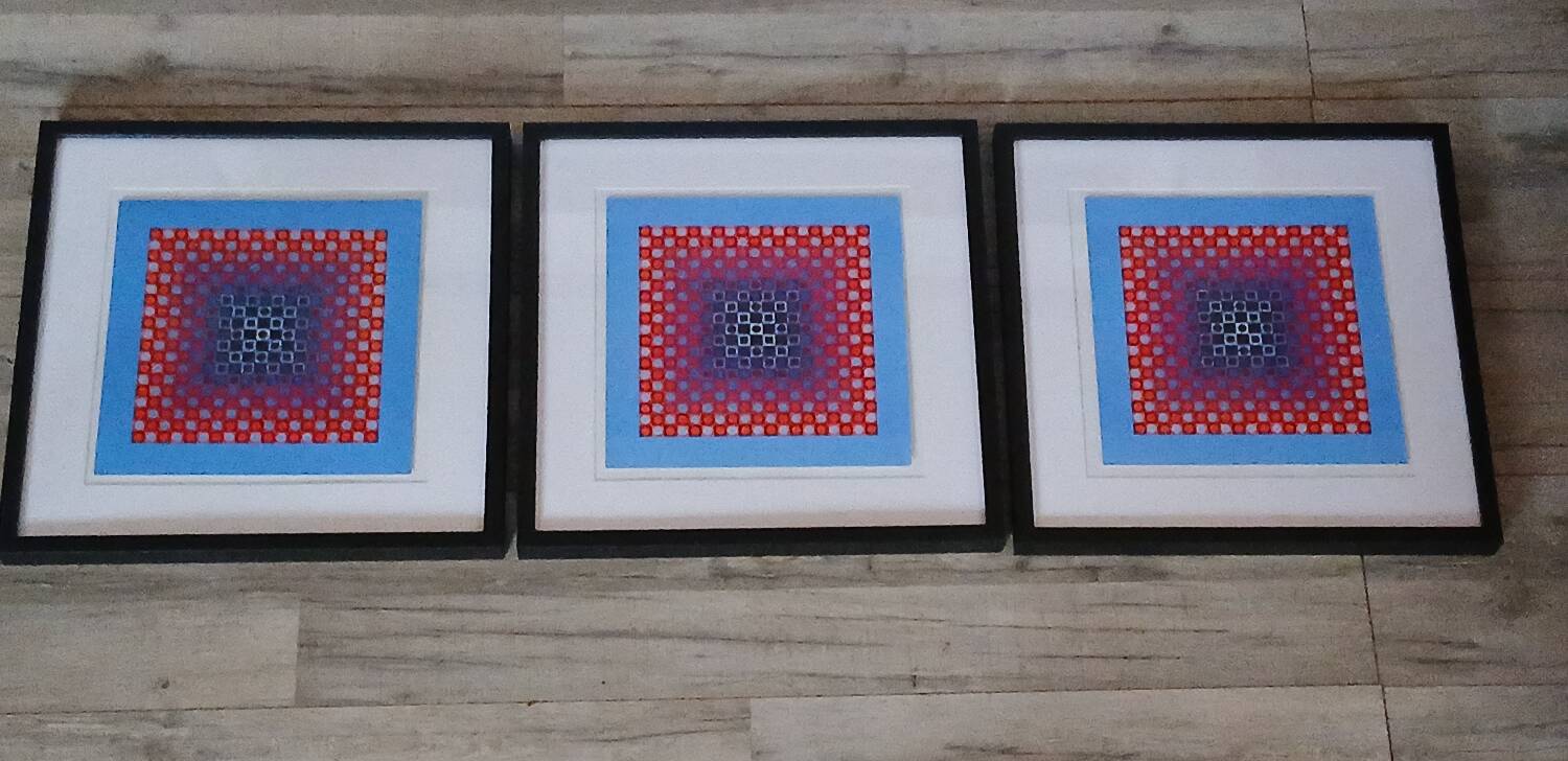 Trio Vintage Optical Art Tableaux - Victor Vasarely - Frames 40x40cm
