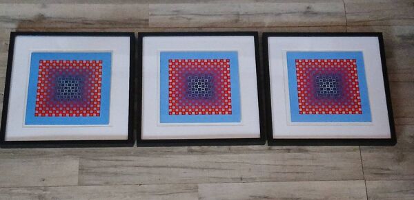 Trio Tableaux Vintage Art Optique - Victor Vasarely - Cadres 40x40cm
