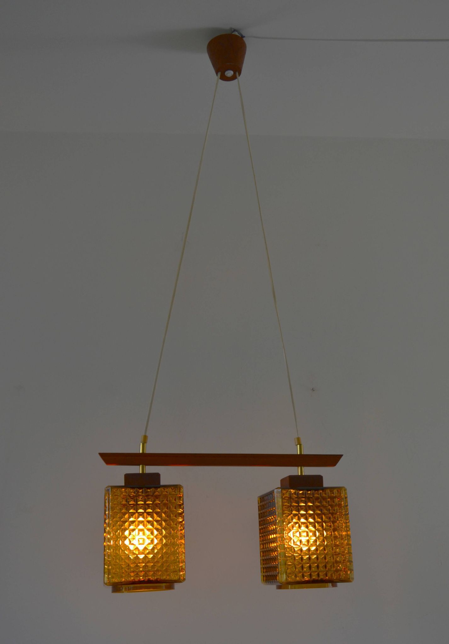 Vintage scandinavian smoked glass and teak dual pendant light by Orrefors, 1960s