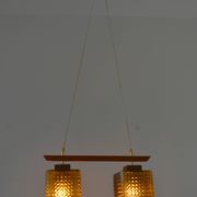 Vintage scandinavian smoked glass and teak dual pendant light by Orrefors, 1960s