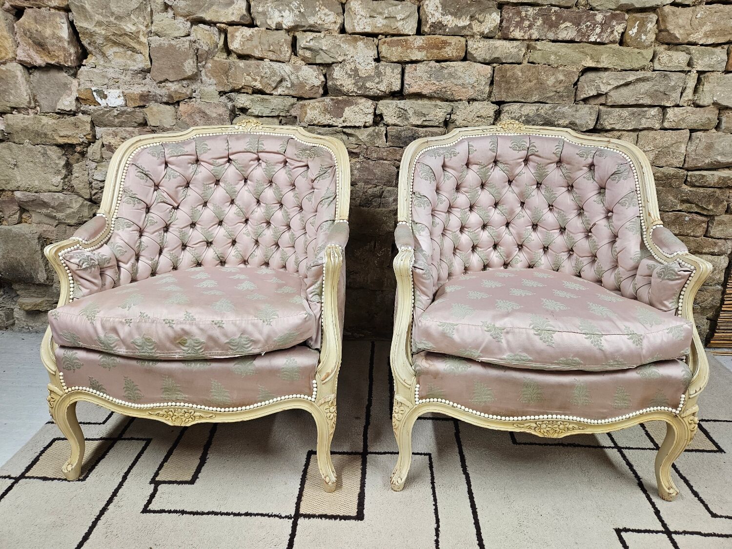 Pair of 1960s silk bergère armchairs
