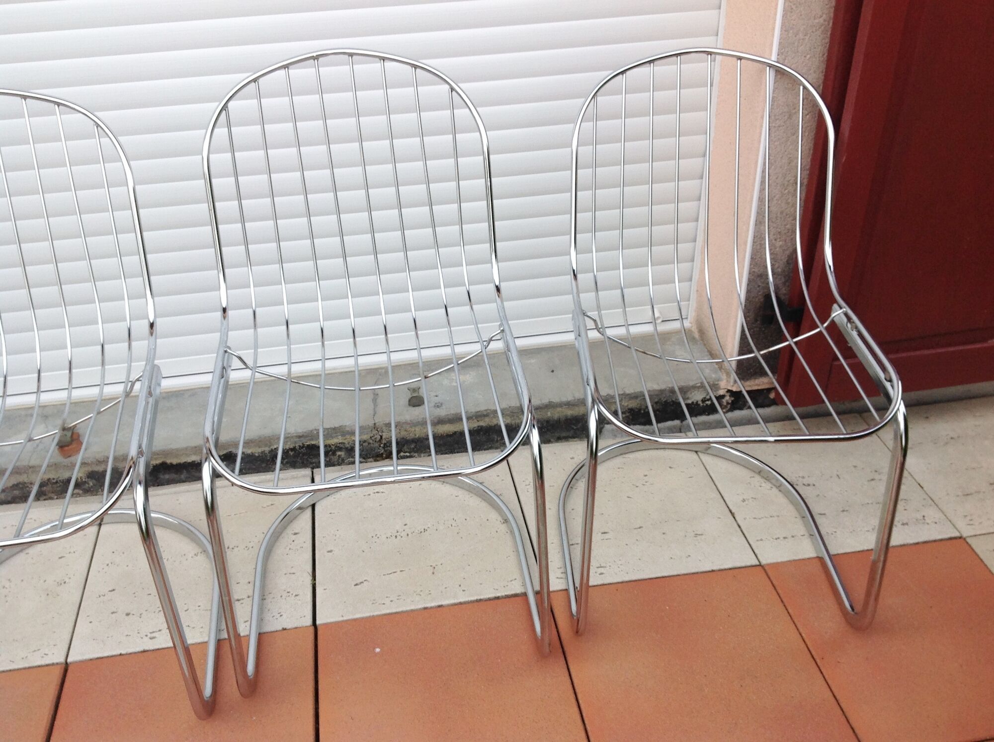Set of four chrome metal wired chairs by Gastone Rinaldi / vintage 70s