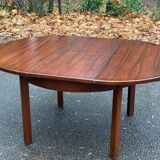Scandinavian dining table and 4 Hans Olsen style chairs in teak and velvet.