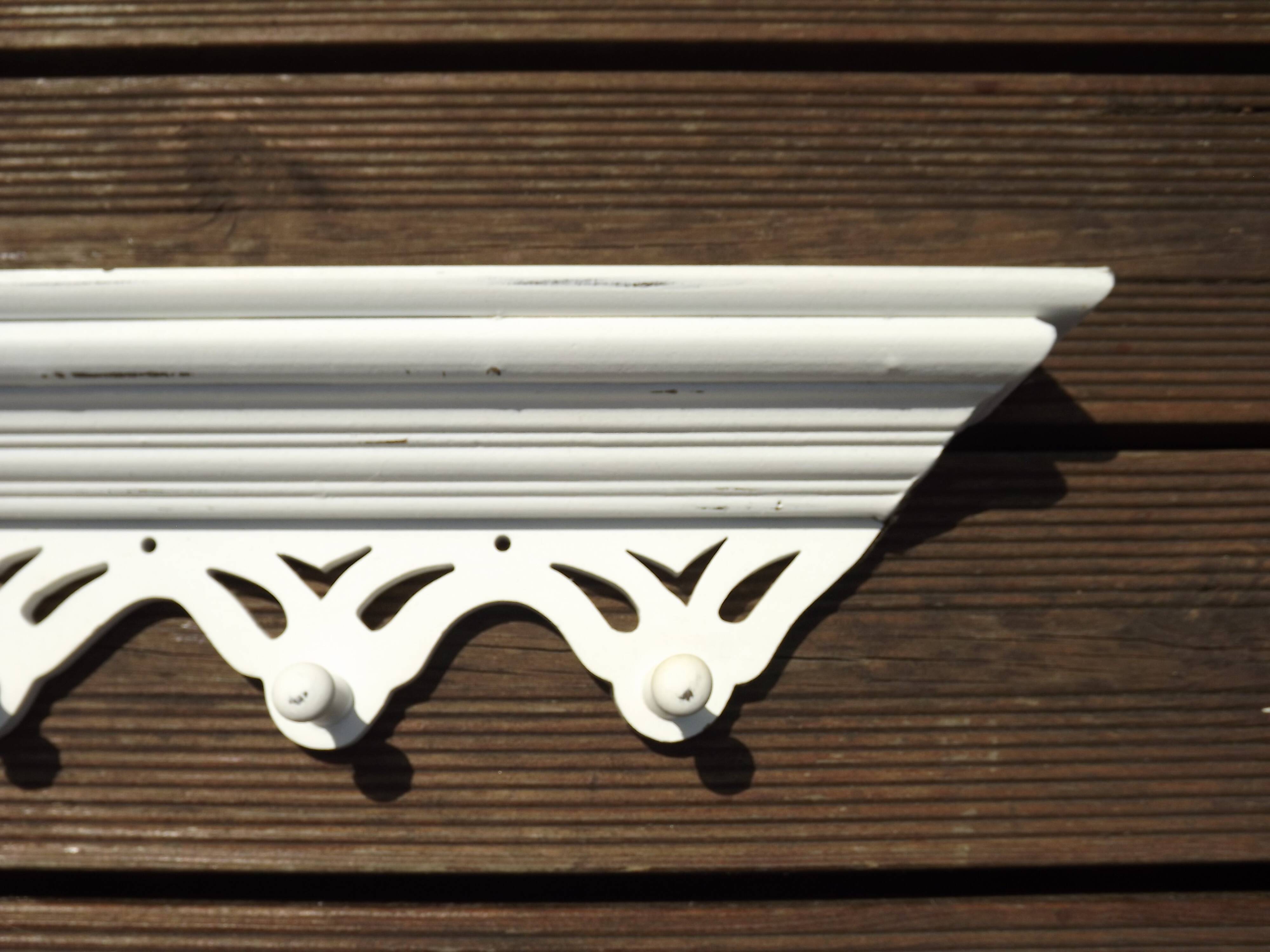 Vintage French White Shabby Chic 6 Peg Coat Rack with Shelf Cut-Out Detail