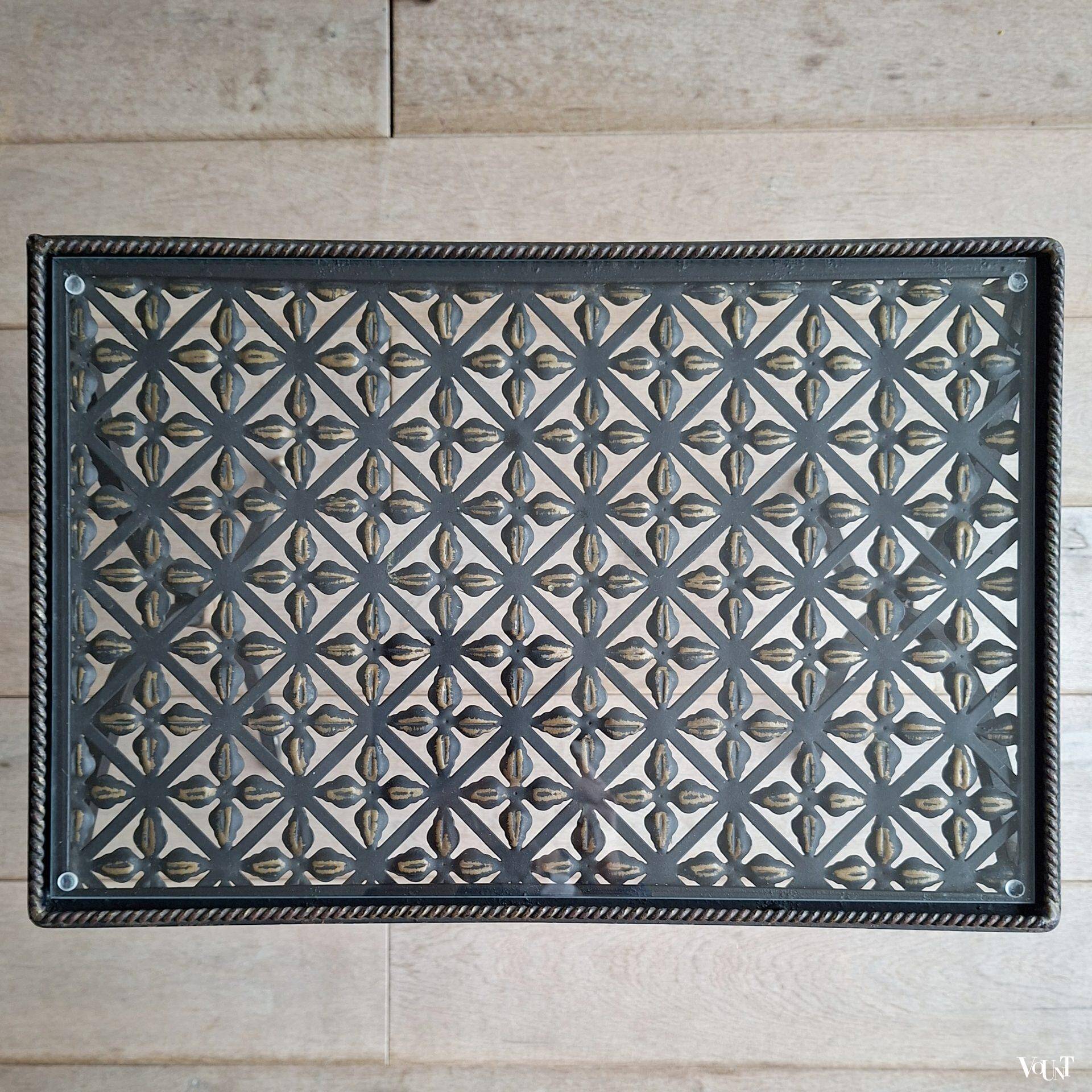 Set of 3 black wrought iron side tables with gold-coloured accents, 1950s