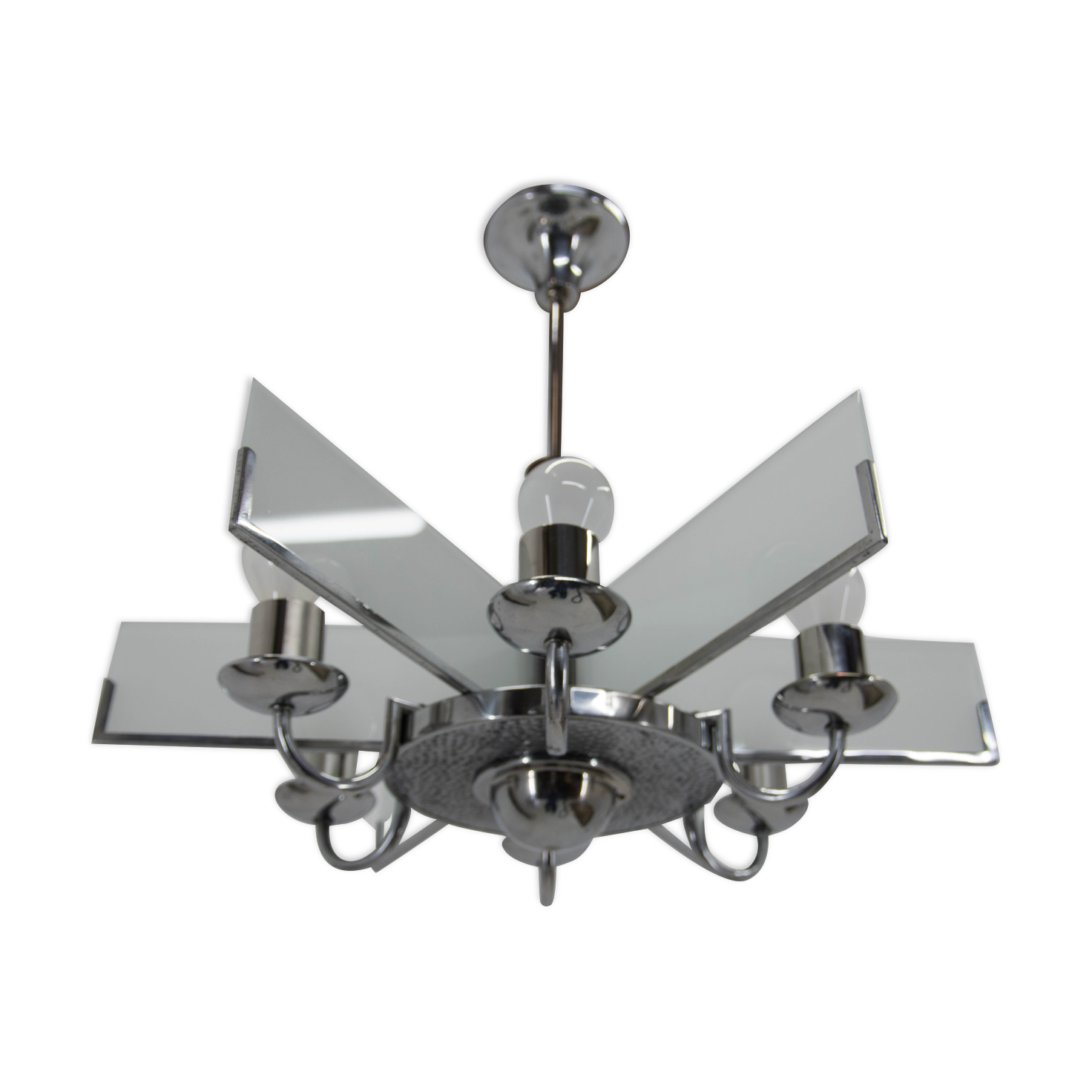 Art Deco Chandelier Made of Chrome, Wood and Sandblasted Glass, 1940s