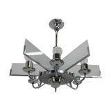 Art Deco Chandelier Made of Chrome, Wood and Sandblasted Glass, 1940s