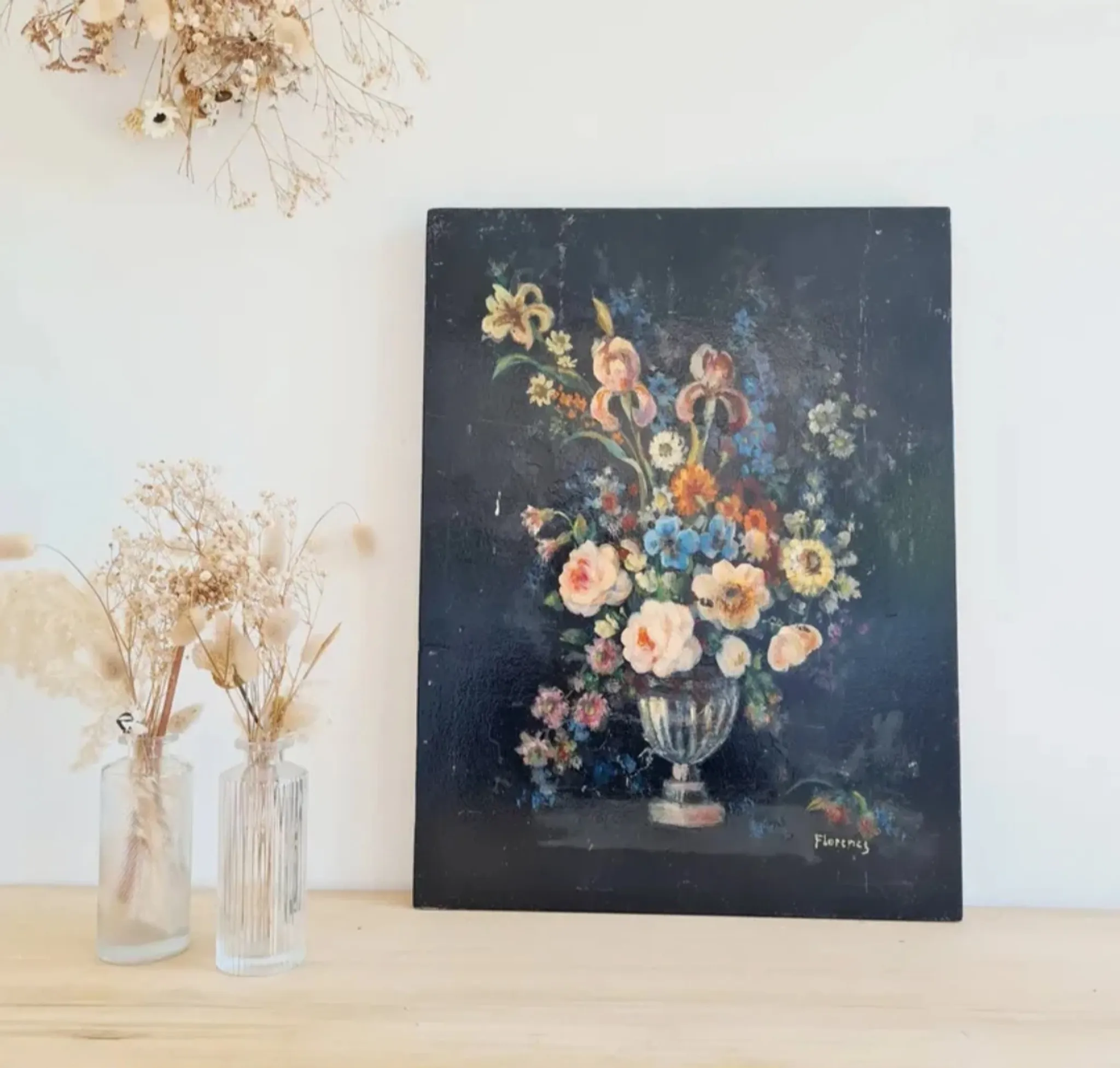 Old Table Painting of Flowers on Wood