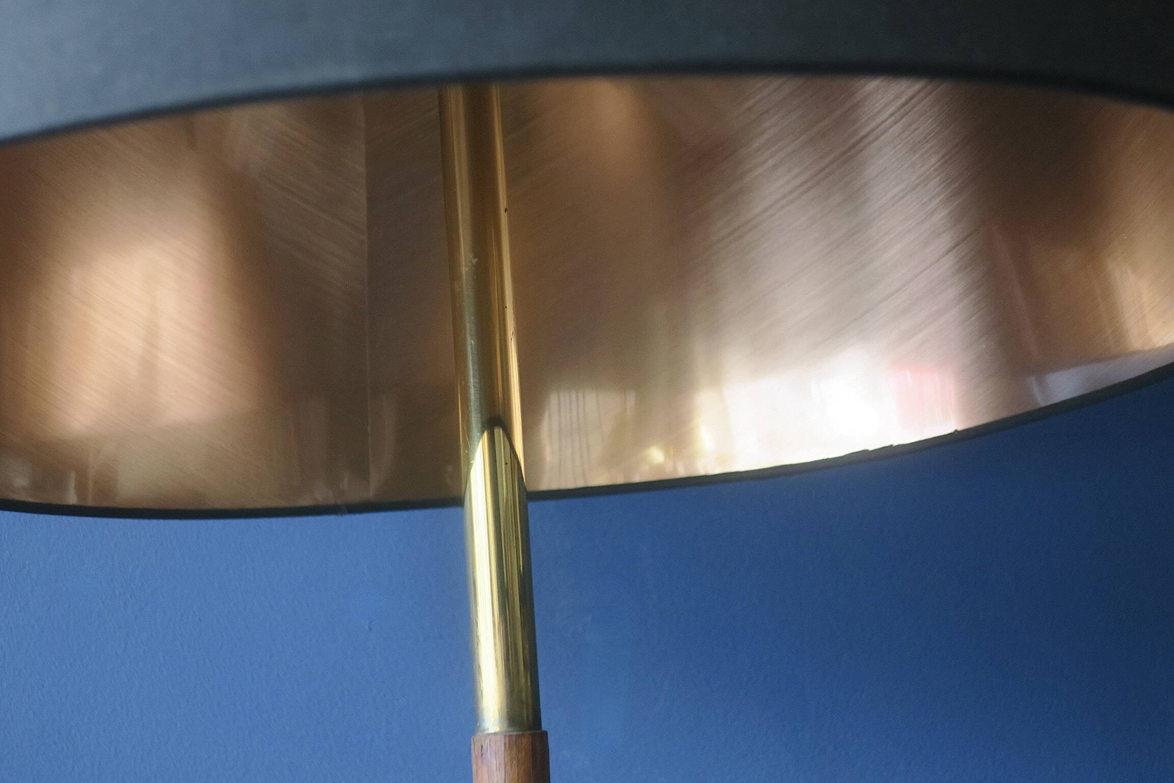 Danish teak floor lamp with brass tripod foot, 1960s