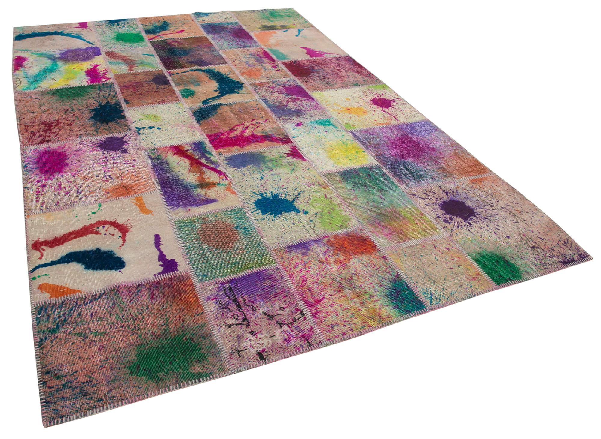 Handmade turkish overdyed 203 cm x 297 cm multicolor patchwork carpet