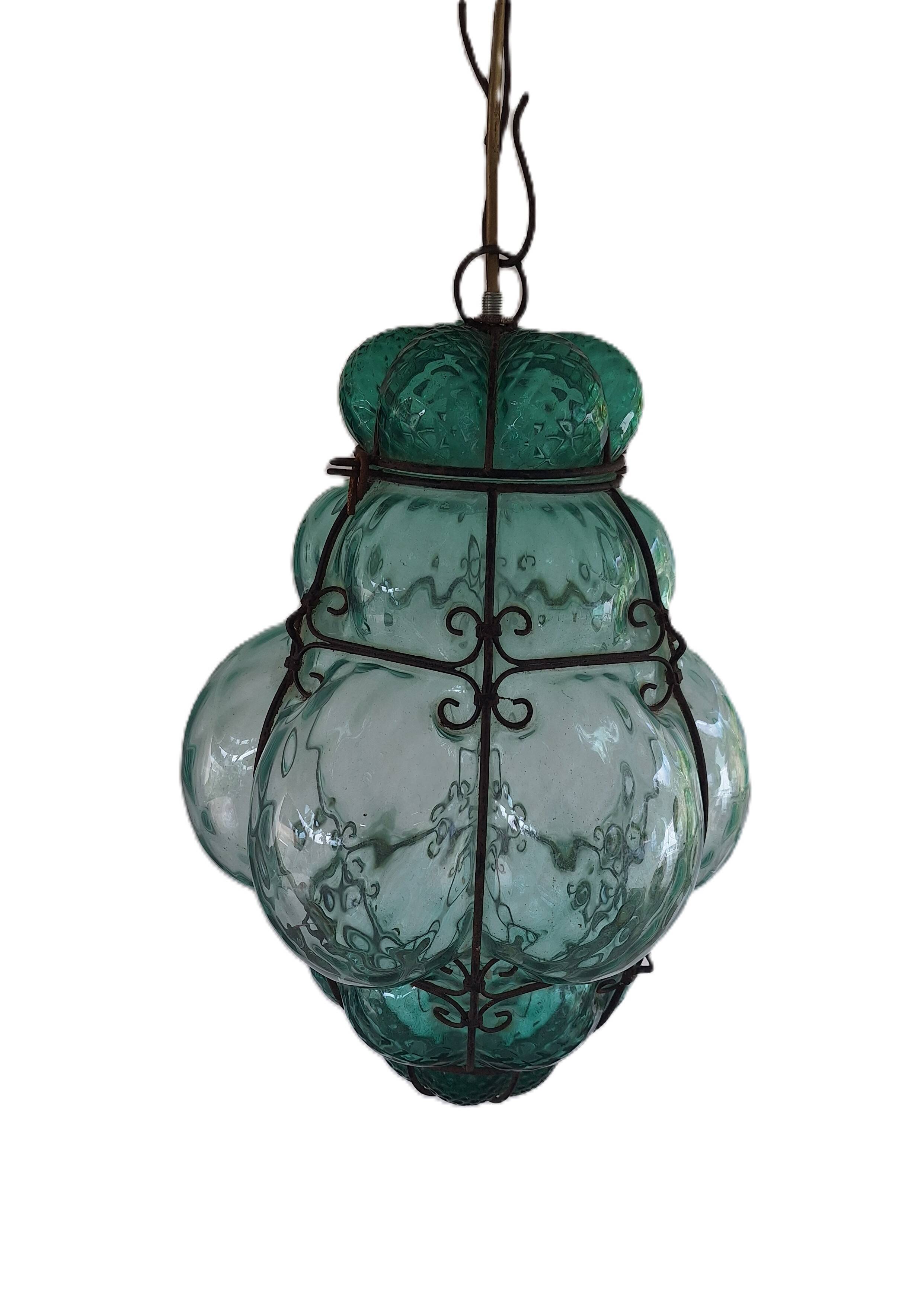 Green Seguso Murano Caged Glass Lantern, Italy, 1940s