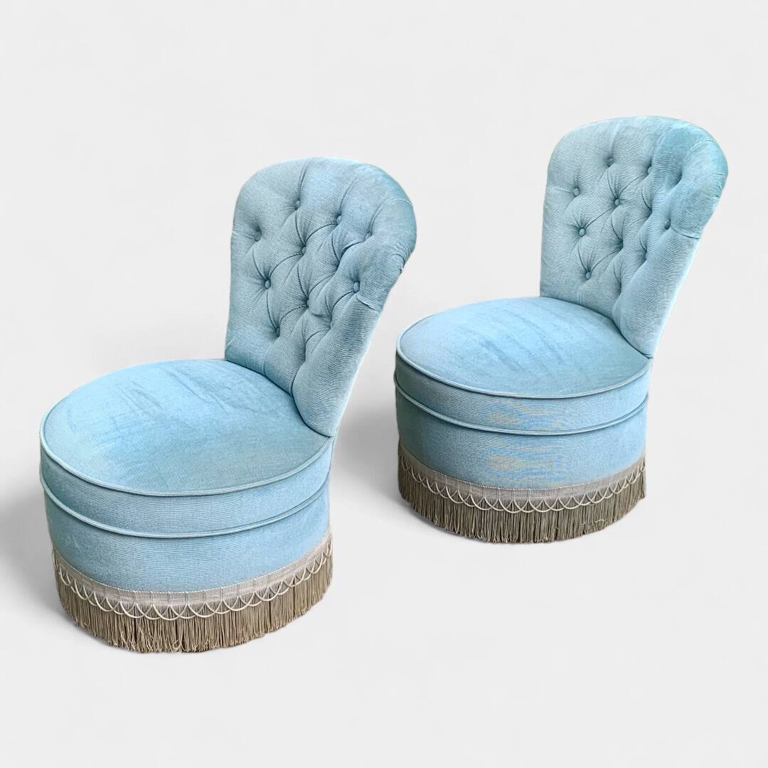 Pair of vintage blue velvet upholstered toad armchairs from the 1970s