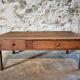 Table basse ancienne en chêne français – Table de ferme rustique du XIXe siècle avec tiroir et panneau de rangement coulissant, vers 1850
