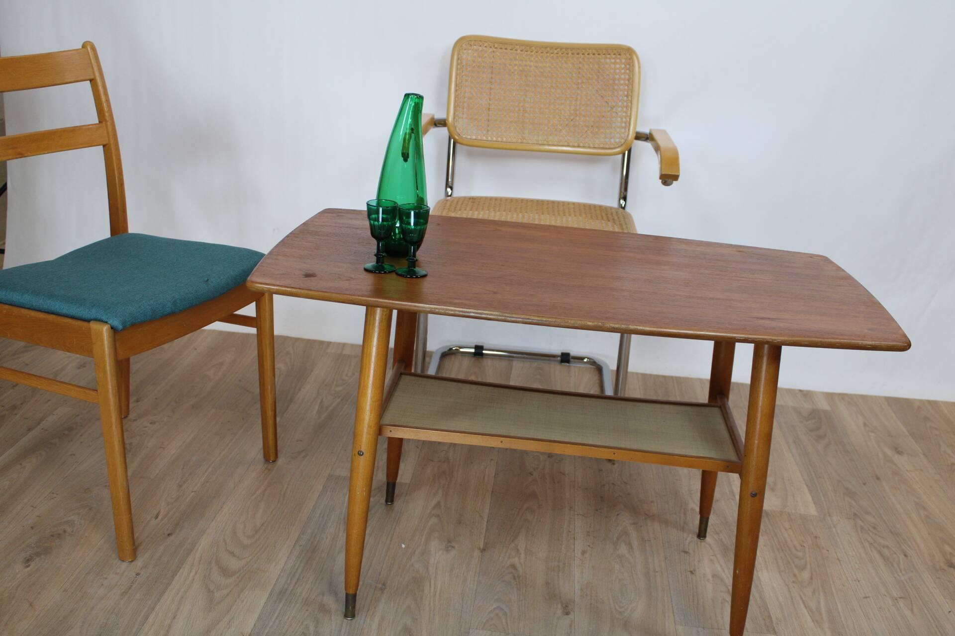 Table basse en teck vintage double plateau 1960 suede