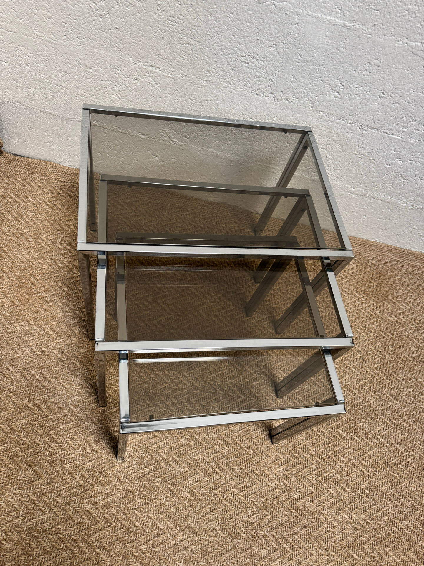 Set of 3 vintage nesting tables – Chrome metal & smoked glass