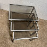 Set of 3 vintage nesting tables – Chrome metal & smoked glass