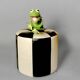 Vintage round pouf in black and white skai
