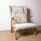 High armchair in curved beech and recent konkav fabric model by paul bode for federholz.