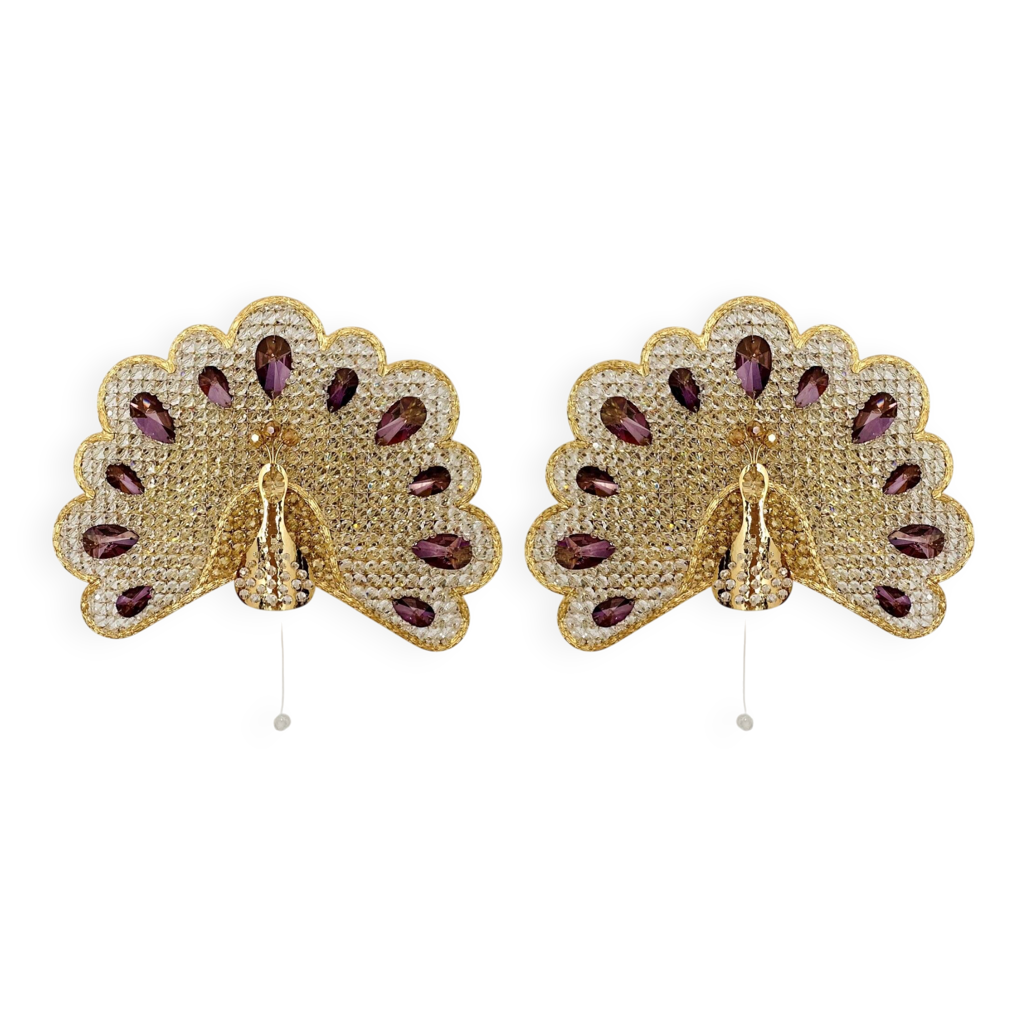 Set of 2 Beautiful Crystal Glass Peacock Wall Lamps by Palwa