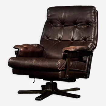 Vintage Mid-Century Scandinavian Modern Brown Leather Executive Swivel Chair, 1970s