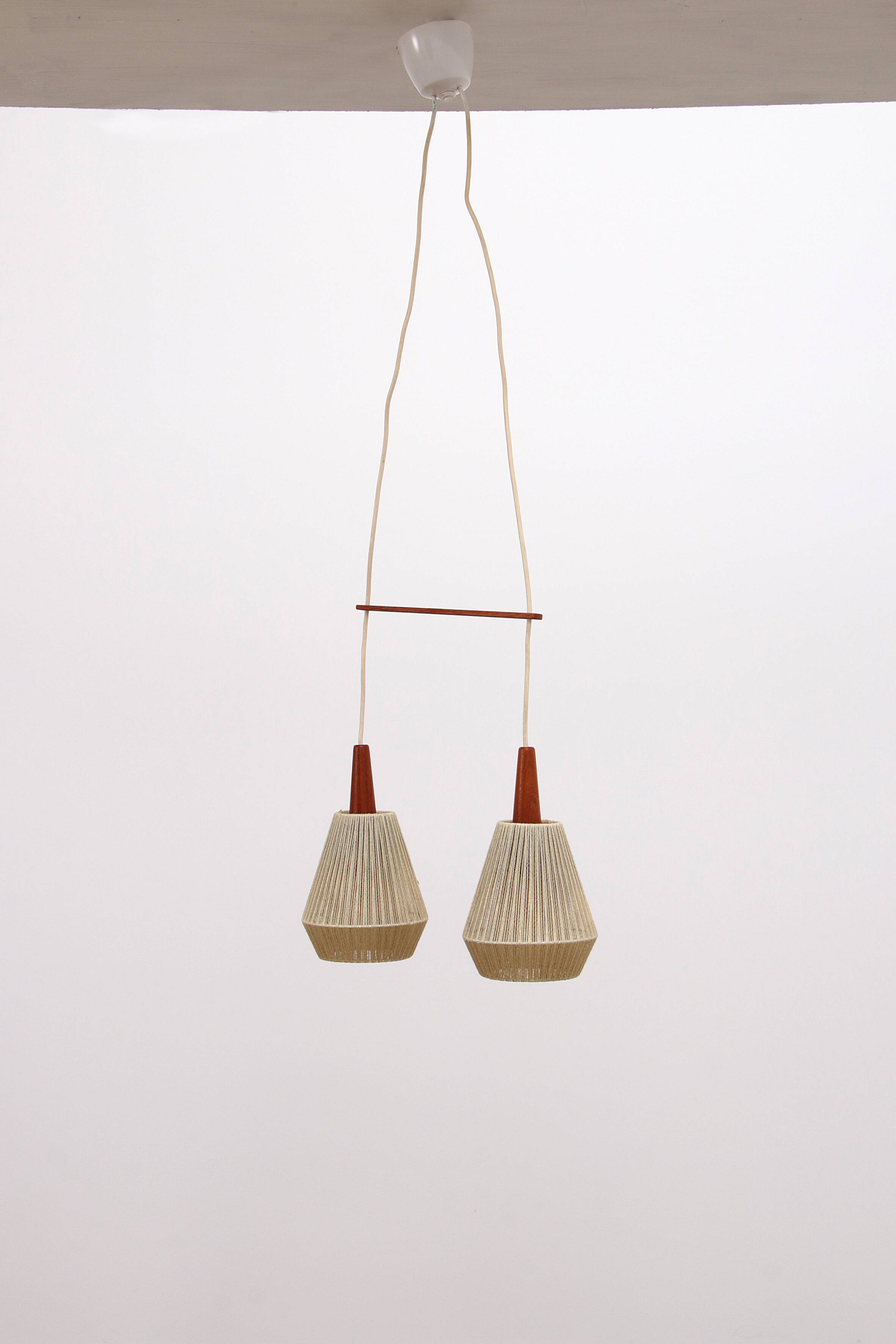 Vintage hanging lamp with two shades and teak, 1960s Sweden