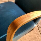 Wooden and blue fabric armchair, 1960