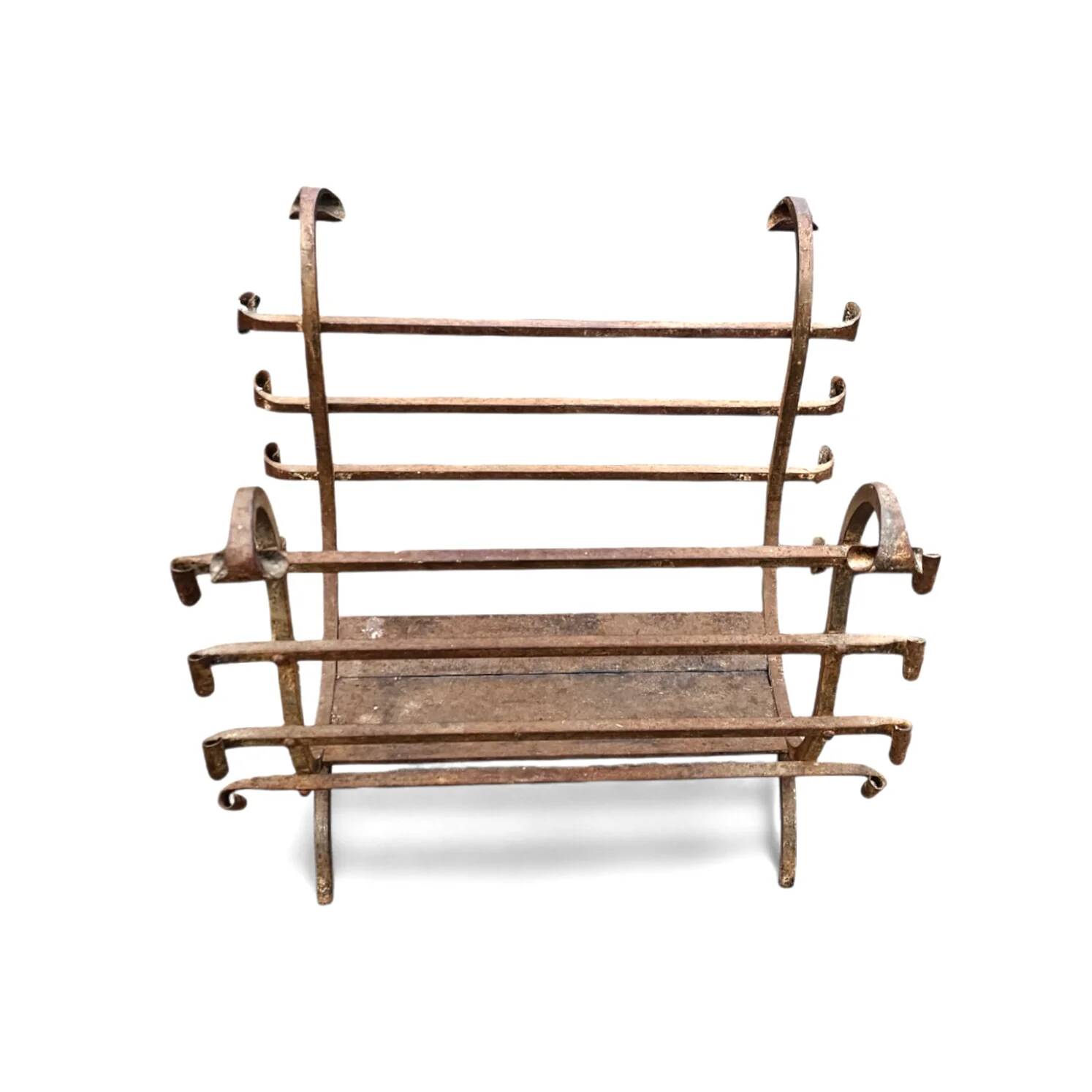 Vintage black wrought iron fireplace log holder / 1960s