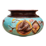 Antique French Barbotine Planter Art Nouveau Japanese Style Bird and Fan