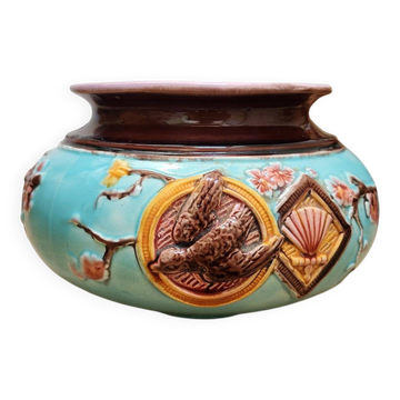 Antique Français Jardinière Barbotine Art Nouveau Style Japonais Oiseau et Éventail