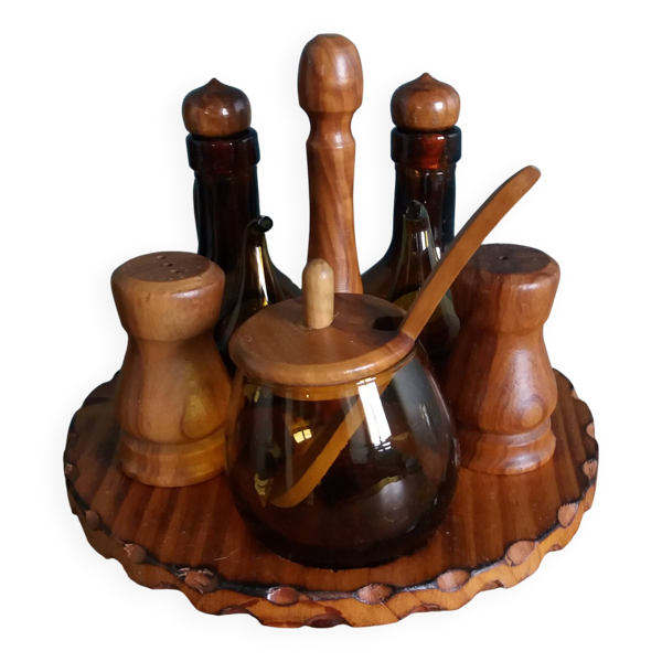 Huilier, vinaigre, moutarde, poivre, sel, serviteur bois d'olivier Espagne