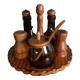 Oil, vinegar, mustard, pepper, salt, olive wood servant from Spain.